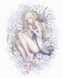 Rule 34 | 1girl, barefoot, blonde hair, feet, fetal position, flower, flower bed, full body, highres, lily (flower), long hair, looking at viewer, lying, on side, original, ribbon, senano-yu, simple background, solo, white background, yellow eyes