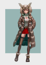 Rule 34 | 1girl, absurdres, ahoge, alternate costume, belt, belt boots, belt buckle, boots, braid, braided bangs, breasts, brown coat, brown eyes, brown footwear, brown hair, brown thighhighs, buckle, cleavage, cleavage cutout, closed mouth, clothing cutout, coat, commission, contrapposto, crossed bangs, drop shadow, ear piercing, english text, eyeshadow, feather hair ornament, feathers, full body, fur-trimmed coat, fur trim, gold, hair ornament, hands in pockets, highres, hololive, hololive english, hood, hood up, hooded coat, large breasts, lips, long bangs, long coat, long hair, long sleeves, looking at viewer, makeup, meme attire, miniskirt, multicolored coat, multicolored hair, myo-zin, nanashi mumei, nose, open-chest sweater, owl hat, piercing, pleated skirt, product placement, realistic, red skirt, ribbed sweater, runes, shiny clothes, simple background, skirt, smile, straight-on, streaked hair, sweater, sweater tucked in, thighhighs, turtleneck, turtleneck sweater, two-tone coat, virtual youtuber, white sweater, winter clothes, winter coat, zettai ryouiki