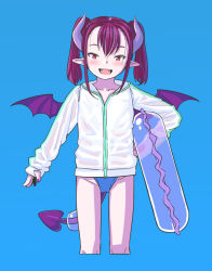Rule 34 | 1girl, :d, blue background, child, demon girl, demon horns, demon tail, demon wings, fangs, female focus, horns, innertube, jacket, looking at viewer, nail polish, open mouth, original, pointy ears, purple hair, simple background, sleeves past wrists, smile, solo, swim ring, swimsuit, swimsuit under clothes, tail, twintails, unmaker, wings, zipper, zipper pull tab