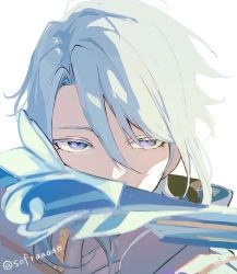 Rule 34 | 1boy, bad id, bad twitter id, blue hair, close-up, colored eyelashes, copyright request, covered mouth, genshin impact, hair between eyes, kamisato ayato, light blue hair, looking at viewer, purple eyes, robe, simple background, sofra, twitter username, upper body, white background, white robe