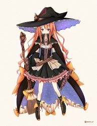 Rule 34 | 1girl, :&lt;, asymmetrical bangs, bad id, bad pixiv id, bag, belt, belt pouch, black dress, blush, boots, broom, broom ribbon, brown belt, corset, creative commons, cross-laced footwear, dress, fanny pack, floral print, frilled dress, frills, full body, hat, highres, lace-up boots, long hair, long sleeves, looking at viewer, mony, orange hair, orange ribbon, original, pocket, pouch, red eyes, ribbon, simple background, solo, star (symbol), twitter username, witch, witch hat, yellow background