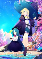 Rule 34 | 2girls, aizawa azusa, benio (dontsugel), blonde hair, blue bow, blue eyes, blue hair, blue headwear, blue skirt, blue sky, blush, boots, bow, breasts, brown footwear, brown jacket, closed mouth, commentary request, constellation, copyright request, day, flower, flower pot, green eyes, hair between eyes, hand up, hat, hat bow, holding, holding flower pot, holding pot, jacket, juliet sleeves, long hair, long sleeves, looking at viewer, monster girl, multiple girls, open clothes, open jacket, outdoors, parted lips, pink flower, plant, plant girl, pot, potted plant, puffy short sleeves, puffy sleeves, red bow, sandra (slime taoshite 300 nen), shirt, short sleeves, skirt, sky, slime taoshite 300 nen shiranai uchi ni level max ni nattemashita, small breasts, standing, star (sky), tree, very long hair, white shirt, wide sleeves, witch hat