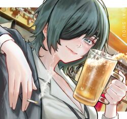 1girl ai_shou alcohol artist_name beer beer_mug chainsaw_man cigarette commentary cup english_commentary eyepatch formal_clothes highres himeno_(chainsaw_man) mug necktie short_hair smile smoke solo suit