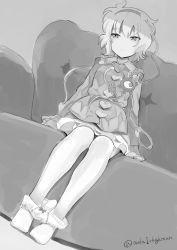 Rule 34 | 1girl, blush, bow, bow panties, closed mouth, commentary request, couch, dutch angle, full body, greyscale, hairband, hamaburicchi, heart, komeiji satori, long sleeves, messy hair, monochrome, panties, panty pull, pleated skirt, short hair, sitting, skirt, solo, third eye, touhou, twitter username, underwear