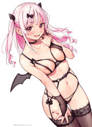 Rule 34 | 1girl, black choker, black nails, black panties, blush, bow, bra, breasts, bridal gauntlets, choker, cowboy shot, cupless bra, demon wings, drill hair, fang, fingernails, garter belt, garter straps, gloves, hair bow, hand on own thigh, lace, lace-trimmed legwear, lace trim, long fingernails, long hair, looking at viewer, medium breasts, mini wings, navel, nipples, open mouth, original, panties, pink eyes, pink hair, see-through, see-through legwear, sidelocks, simple background, skin fang, smile, solo, sweat, thigh gap, thighhighs, two side up, underwear, wantan meo, white background, wings