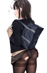Rule 34 | 1girl, ahoge, ass, backpack, bag, black hair, black jacket, black pantyhose, blue bag, blue panties, blush, brown sweater, chigusa minori, closed mouth, collared shirt, commentary request, from behind, grey skirt, highres, jacket, long sleeves, mole, mole on ass, original, panties, panties under pantyhose, pantyhose, pleated skirt, purple eyes, school bag, school uniform, shirt, short hair, sidelocks, simple background, skirt, skirt caught on object, sleeves past wrists, solo, striped clothes, striped panties, sweater, thighband pantyhose, torn clothes, torn pantyhose, translation request, two-tone panties, underwear, wardrobe malfunction, white background, white panties, white shirt