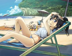 Rule 34 | 1boy, 1girl, barefoot, beach, black hair, blue sky, book, bracelet, breasts, cloud, cloudy sky, forest, glasses, holding, holding book, jewelry, knee up, looking at viewer, lying, midriff, nature, navel, ocean, open mouth, original, outdoors, panties, ponytail, rai32019, sand, shadow, shirt, sky, sleeveless, sleeveless shirt, string panties, sunglasses, tree, underwear, water, white shirt