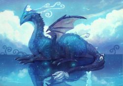 Rule 34 | bad id, bad pixiv id, blue sky, blue theme, rabbit, cloud, commentary request, crystal, dragon, from side, full body, manino (mofuritaionaka), monster, no humans, original, profile, reflection, signature, sky, western dragon