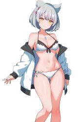 Rule 34 | 1girl, animal ear fluff, animal ears, bare legs, bikini, braid, breasts, cat ears, chest jewel, core crystal (xenoblade), grey hair, jacket, kamidan, looking at viewer, mio (xenoblade), navel, short hair, small breasts, smile, solo, swimsuit, white jacket, xenoblade chronicles (series), xenoblade chronicles 3, yellow eyes