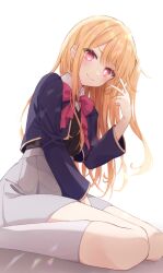 Rule 34 | 1girl, absurdres, between legs, black vest, blonde hair, blue jacket, blush, bow, bowtie, closed mouth, collared shirt, commentary, cropped jacket, hand between legs, highres, hoshino ruby, jacket, kneehighs, long hair, long sleeves, looking at viewer, mismatched pupils, nail polish, one side up, oshi no ko, pink bow, pink bowtie, pink eyes, pink nails, pleated skirt, school uniform, shinyo yukino, shirt, sidelocks, simple background, sitting, skirt, smile, socks, solo, star-shaped pupils, star (symbol), symbol-shaped pupils, v, vest, wariza, white background, white shirt, white socks, youtou high school uniform