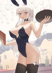 Rule 34 | 1girl, absurdres, animal ears, azur lane, bare shoulders, black thighhighs, breasts, choker, cleavage, enterprise (azur lane), highres, large breasts, leotard, lordol, open mouth, playboy bunny, purple eyes, rabbit ears, server, thighhighs, thighs, tray, white hair