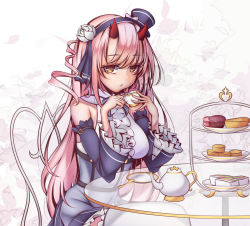 Rule 34 | arm belt, azur lane, bare shoulders, blue dragon, chair, closed mouth, cookie, cup, detached sleeves, dress, flower, food, hair between eyes, hair flower, hair ornament, hairband, hat, holding, horns, ikazuchi (azur lane), ikazuchi (sakura tea) (azur lane), long hair, long sleeves, looking at viewer, mini hat, oni horns, pink hair, short dress, sitting, solo, table, teacup, teapot, tetsu (excalibur920), thighhighs, tiered tray, tray, white thighhighs, yellow eyes