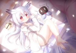 Rule 34 | 1girl, :o, ahoge, ass, barefoot, blush, bottomless, collared shirt, commentary request, dress shirt, full body, grey hair, hair between eyes, hands up, head wings, hoshimura himawari, indie virtual youtuber, long sleeves, lying, navel, off shoulder, on bed, on side, open clothes, open shirt, parted lips, plaid, pointy ears, red eyes, renew vivi, shirt, sleeves past wrists, solo, virtual youtuber, white shirt, wings