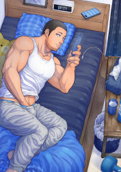 Rule 34 | 04sora40, 1boy, absurdres, bara, black hair, cable, cellphone, chin strap, clock, cup, drinking glass, facial hair, highres, holding, holding phone, huge filesize, indoors, lying, male focus, male masturbation, masturbation, milk carton, muscular, navel, nightstand, on bed, on side, original, phone, pillow, shirt, stubble, stuffed animal, stuffed toy, tank top, tissue box, trash can, underwear, weights, white shirt