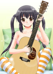 Rule 34 | 1girl, acoustic guitar, black hair, bra, brown eyes, guitar, instrument, k-on!, lingerie, nakano azusa, no shirt, off shoulder, pillow, pink bra, smile, solo, striped clothes, striped thighhighs, thighhighs, twintails, underwear, yasu rintarou