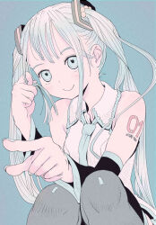 Rule 34 | 1girl, arm tattoo, bare shoulders, black sleeves, black thighhighs, blue background, blue eyes, blue hair, blue nails, blue necktie, character name, closed mouth, collared shirt, commentary request, detached sleeves, film grain, hair bobbles, hair ornament, hatsune miku, highres, holding, holding own hair, kawamitsu, long hair, long sleeves, nail polish, necktie, number tattoo, pointing, shirt, sidelocks, simple background, sleeveless, sleeveless shirt, smile, solo, tattoo, thighhighs, twintails, vocaloid, white shirt, wide sleeves