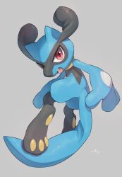 Rule 34 | absurdres, creatures (company), game freak, gen 4 pokemon, grey background, highres, looking at viewer, nintendo, no humans, nullma, open mouth, pokemon, pokemon (creature), riolu, signature, simple background, solo, watermark