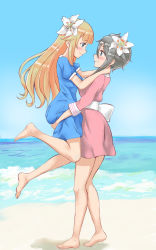 Rule 34 | 2girls, alternate costume, ange (princess principal), arms around neck, ass grab, bare legs, barefoot, beach, blonde hair, blue dress, blue eyes, blunt bangs, blush, breasts, carrying, closed mouth, couple, day, dress, eye contact, face-to-face, feet, female focus, flower, from side, full body, grey hair, hair between eyes, hair flaps, hair flower, hair ornament, highres, legs, long hair, long sleeves, looking at another, medium breasts, monta, multiple girls, ocean, outdoors, pink dress, princess (princess principal), princess principal, profile, puffy short sleeves, puffy sleeves, sand, shadow, short dress, short hair with long locks, short sleeves, sky, smile, standing, very long hair, water, white flower, yuri