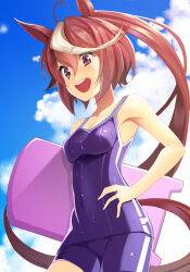 Rule 34 | 1girl, ahoge, animal ears, bare shoulders, breasts, brown hair, cleavage, cloud, covered navel, cowboy shot, day, hand on own hip, highres, horse ears, horse girl, horse tail, impossible clothes, kickboard, long hair, multicolored hair, one-piece swimsuit, open mouth, outdoors, ponytail, purple eyes, purple one-piece swimsuit, school swimsuit, small breasts, smile, solo, streaked hair, swimsuit, tail, takase hiro, teeth, tokai teio (umamusume), tracen swimsuit, umamusume, upper teeth only, wet