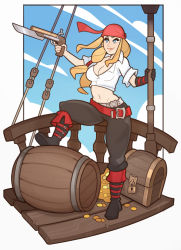 Rule 34 | 1girl, bandana, barrel, belt, blade, blonde hair, blue eyes, blue sky, boots, breasts, cleavage, coin, commentary, commission, gold, gun, highres, large breasts, lock, long hair, midriff, navel, original, pants, pirate, red bandana, shirt, sky, smile, solo, splashbrush, treasure chest, weapon, white shirt