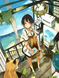 Rule 34 | 1girl, apron, basket, black hair, blush, brown eyes, cloud, day, dress, easel, egg, fox, from above, looking at viewer, looking up, mk (masatusaboten), multicolored hair, original, paint, palette (object), plant, sand, short hair, sky, smile, solo, stairs, two-tone hair, white hair