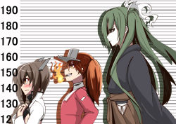 Rule 34 | 10s, 3girls, blue eyes, brown eyes, brown hair, cigarette, commentary request, fire, flat chest, from side, getumentour, green hair, grin, height chart, highres, japanese clothes, kantai collection, magatama, multiple girls, pale skin, profile, ribbon trim, ryuujou (kancolle), sharp teeth, smile, sweatdrop, taihou (kancolle), teeth, twintails, visor cap, wavy mouth, zuikaku (kancolle)