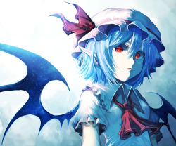 Rule 34 | 1girl, deep (deep4946), eyebrows, hat, highres, light purple hair, looking at viewer, mob cap, parted lips, pointy ears, red eyes, remilia scarlet, short hair, smile, solo, touhou, upper body, wings
