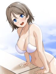 Rule 34 | 1girl, :d, arm support, bare arms, bare shoulders, barkhorn0331, bikini, blue eyes, blush, breasts, cleavage, collarbone, grey hair, highres, large breasts, leaning forward, looking at viewer, love live!, love live! sunshine!!, navel, open mouth, short hair, smile, solo, string bikini, swimsuit, teeth, upper teeth only, watanabe you, water, white bikini