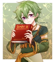 Rule 34 | 1girl, book, collei (genshin impact), detached sleeves, dress, genshin impact, green dress, green hair, holding, holding book, hutaba 29, indian style, jewelry, long hair, long sleeves, necklace, purple eyes, short hair, sitting, smile, wavy hair