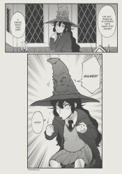 Rule 34 | 1girl, 2koma, black hair, comic, commentary, english commentary, english text, greyscale, harry potter (series), hat, highres, hogwarts school uniform, long hair, looking away, monochrome, original, school uniform, skirt, smile, sorting hat, speech bubble, tyrone, witch hat, wizarding world