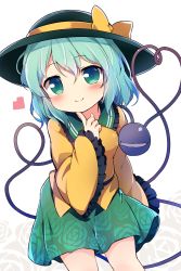 Rule 34 | 1girl, baku-p, blush, bow, closed mouth, collared shirt, commentary request, floral background, floral print, frilled shirt collar, frilled sleeves, frills, green eyes, green hair, green hat, green skirt, hair between eyes, hat, hat bow, head tilt, heart, heart of string, highres, index finger raised, komeiji koishi, long hair, long sleeves, looking at viewer, pleated skirt, print skirt, rose background, rose print, shirt, skirt, sleeves past wrists, smile, solo, third eye, touhou, white background, wide sleeves, yellow bow, yellow shirt