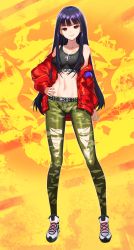 Rule 34 | 1girl, bad id, bad pixiv id, bare shoulders, belt, black hair, black shirt, breasts, camouflage, camouflage pants, cleavage, collarbone, full body, glint, groin, hand on own hip, highres, jacket, large breasts, long hair, long sleeves, looking at viewer, midriff, navel, off shoulder, open clothes, open jacket, pants, parted lips, red eyes, red jacket, shirt, shoes, smile, sneakers, solo, standing, stomach, tank top, tokyo 7th sisters, wangjook (wj), white footwear