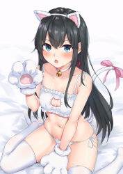Rule 34 | 1girl, absurdres, animal hands, bed sheet, bell, black hair, blue eyes, bow, bra, breasts, cat cutout, cat ear panties, cat lingerie, cat paws, cat tail, clothing cutout, collarbone, frilled bra, frills, highres, long hair, looking at viewer, meme attire, meri-san, navel, neck bell, neck ribbon, open mouth, panties, paw pose, red ribbon, ribbon, side-tie panties, sitting, small breasts, solo, string panties, tail, tail bow, tail ornament, thighhighs, underwear, wariza, white bra, white panties, white thighhighs, yahari ore no seishun lovecome wa machigatteiru., yukinoshita yukino