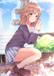 Rule 34 | 1girl, bench, bird, black shirt, blue sky, blush, bow, bowtie, brown eyes, brown footwear, closed mouth, cloud, commentary request, day, fingers together, fountain, full body, hands up, highres, houraku, idolmaster, idolmaster shiny colors, light brown hair, loafers, looking at viewer, looking to the side, no socks, outdoors, park bench, plaid, plaid bow, plaid bowtie, plaid neckwear, plaid skirt, pleated skirt, sakuragi mano, shirt, shoes, skirt, sky, smile, solo, squatting, water, white bow, white bowtie, white skirt