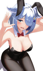Rule 34 | 1girl, animal ears, black leotard, blue eyes, blue hair, blue wings, blush, bow, bowtie, breasts, cleavage, detached collar, elira pendora, fake animal ears, green eyes, hair ornament, hair over one eye, hair wings, head wings, highres, large breasts, leotard, looking at viewer, nijisanji, nijisanji en, one eye covered, open mouth, pantyhose, playboy bunny, rabbit ears, red bow, red bowtie, simple background, solo, takechi49, thigh gap, virtual youtuber, white background, wings, x hair ornament