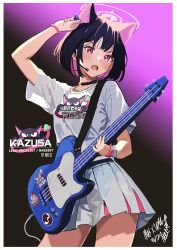 Rule 34 | 1girl, absurdres, animal ears, arm up, artist name, black background, black hair, blue archive, blush, border, bracelet, cat ears, character name, colored inner hair, cowboy shot, gradient background, guitar, highres, holding, holding guitar, holding instrument, instrument, jewelry, kazusa (band) (blue archive), kazusa (blue archive), melissa 2.0, microphone, miniskirt, multicolored hair, open mouth, pink background, pink hair, pleated skirt, print shirt, red eyes, shirt, short sleeves, skirt, solo, t-shirt, two-tone hair, white border, white shirt, white skirt
