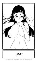Rule 34 | black eyes, black hair, blush, breasts, completely nude, dark toons cave artist, dragon ball, dragon ball super, embarrassed, large breasts, long hair, looking to the side, mai (future) (dragon ball), monochrome, nipples, nude, tagme