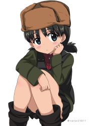 Rule 34 | 10s, 1girl, black footwear, black skirt, black vest, blue eyes, blush, boots, brown hair, brown hat, clenched hand, commentary, dark-skinned female, dark skin, fur hat, girls und panzer, green jacket, hand on own face, hat, hugging own legs, jacket, long sleeves, looking at viewer, military, military uniform, miniskirt, nina (girls und panzer), one-hour drawing challenge, parted lips, pleated skirt, pravda military uniform, red shirt, shibagami, shirt, short hair, short twintails, simple background, sitting, skirt, solo, turtleneck, twintails, twitter username, uniform, ushanka, vest, white background
