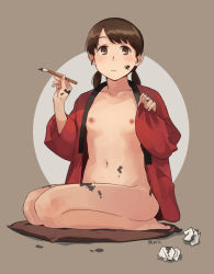 Rule 34 | 1girl, blush, body writing, breasts, brown hair, brush, closed mouth, cushion, facepaint, holding, holding brush, kantai collection, long sleeves, low twintails, makio (makiomeigenbot), nipples, nude, shirayuki (kancolle), short twintails, simple background, sitting, small breasts, solo, tissue, twintails, used tissue