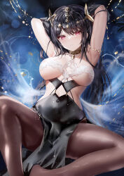 Rule 34 | 1girl, absurdres, age fx, armpits, arms behind head, arms up, azur lane, bandeau, bare shoulders, black hair, black skirt, blush, breasts, brown pantyhose, chen hai (azur lane), chen hai (cerulean ripples) (azur lane), circlet, collar, highres, large breasts, long hair, looking at viewer, metal collar, pantyhose, pelvic curtain, red eyes, skirt, solo, spread legs, thighs