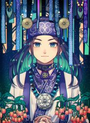 Rule 34 | 1girl, ainu, ainu clothes, aqua eyes, araiguma (gomipanda123), asirpa, bandana, black hair, blue bandana, blue eyes, closed mouth, commentary request, ear piercing, earrings, facing viewer, golden kamuy, highres, hoop earrings, jewelry, long hair, looking at viewer, necklace, own hands together, piercing, sidelocks, simple background, smile, upper body