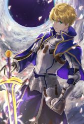 Rule 34 | 1boy, armor, armored dress, arthur pendragon (fate), blonde hair, blue cape, blue dress, breastplate, cape, dress, excalibur (fate/prototype), excalibur (fate/stay night), eyebrows, fate/grand order, fate/prototype, fate (series), faulds, gauntlets, greaves, green eyes, hair between eyes, highres, holding, holding sword, holding weapon, light smile, looking at viewer, male focus, pauldrons, petals, sa nomaru, short hair, shoulder armor, smile, solo, sword, weapon
