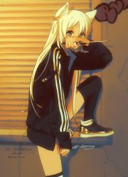 Rule 34 | 1boy, animal ears, black legwear, cat ears, cowboy shot, grey eyes, highres, holding, holding knife, holding weapon, iceroy, knife, leg up, long hair, long sleeves, looking at viewer, original, russian commentary, russian text, shoes, sneakers, standing, thighhighs, trap, weapon, white hair