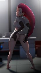 Rule 34 | 1girl, 3d, anus, ass, blue eyes, blurry, blurry background, bottomless, creatures (company), female focus, female pubic hair, game freak, greatm8, highres, jessie (pokemon), lipstick, looking at viewer, looking back, makeup, nintendo, open clothes, pokemon, pokemon lgpe, pubic hair, pussy, red hair, solo, spread ass, thick thighs, thighs, uncensored, upskirt