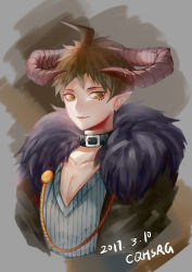 Rule 34 | 1boy, absurdres, alternate costume, artist name, black collar, brown eyes, brown hair, collar, collarbone, commentary request, cropped torso, danganronpa (series), danganronpa 2: goodbye despair, dated, demon horns, earrings, eye piercing, fang, fur-trimmed jacket, fur trim, grey background, highres, hinata hajime, horns, jacket, jewelry, looking at viewer, male focus, open mouth, pointy ears, short hair, smile, solo, striped clothes, striped sweater, sweater, tuteurfars shin, upper body