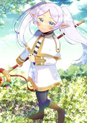 Rule 34 | 1girl, black pantyhose, blue sky, blush, boots, brown footwear, capelet, closed mouth, cloud, cloudy sky, commentary request, commission, day, elf, flower, frieren, green eyes, grey hair, holding, holding staff, knee boots, kou hiyoyo, long hair, long sleeves, looking at viewer, outdoors, pantyhose, parted bangs, pointy ears, shirt, short eyebrows, skeb commission, skirt, sky, smile, solo, sousou no frieren, staff, striped clothes, striped shirt, thick eyebrows, twintails, very long hair, white capelet, white flower, white skirt