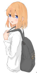 Rule 34 | 1girl, auui, backpack, bag, blue eyes, blush, brown hair, commentary request, eyebrows hidden by hair, from side, go-toubun no hanayome, hair between eyes, hands up, highres, holding strap, long sleeves, looking at viewer, looking to the side, nakano yotsuba, open mouth, shirt, simple background, solo, teeth, upper teeth only, white background, white shirt