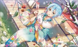 Rule 34 | 1girl, animal ears, artist name, bad id, bad twitter id, blue eyes, blue hair, blue kimono, cat ears, day, dsmile, floral print, fur trim, hair between eyes, hair ornament, holding, japanese clothes, kimono, looking at viewer, open mouth, outdoors, short hair with long locks, sidelocks, sinon (sao-alo), sitting, solo, sword art online, white legwear