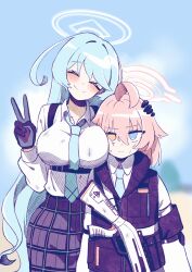 Rule 34 | 2girls, absurdres, ahoge, aqua hair, armband, black gloves, blue archive, blue necktie, blurry, blush, breasts, chest harness, closed eyes, closed mouth, collared shirt, depth of field, derivative work, facing viewer, gloves, grey skirt, gun, harness, highres, hoshino (blue archive), hoshino (young) (blue archive), large breasts, long hair, long sleeves, looking at viewer, mi (27782900), multiple girls, necktie, pink hair, plaid, plaid skirt, shirt, short hair, shotgun, skirt, smile, sweat, swept bangs, upper body, v, vest, weapon, yume (blue archive)