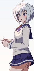Rule 34 | 1girl, absurdres, ahoge, artistic error, breasts, commentary request, fewer digits, furrowed brow, hair between eyes, highres, itomi sayaka, jacket, long sleeves, looking at viewer, necktie, orange necktie, own hands together, parted lips, pleated skirt, purple eyes, purple sailor collar, purple skirt, renpu girls school uniform, sailor collar, school uniform, shade, shirt, short hair, skirt, small breasts, solo, standing, steepled fingers, sweatdrop, toji no miko, upper body, white background, white hair, white jacket, white shirt, yozo (yozo2000)
